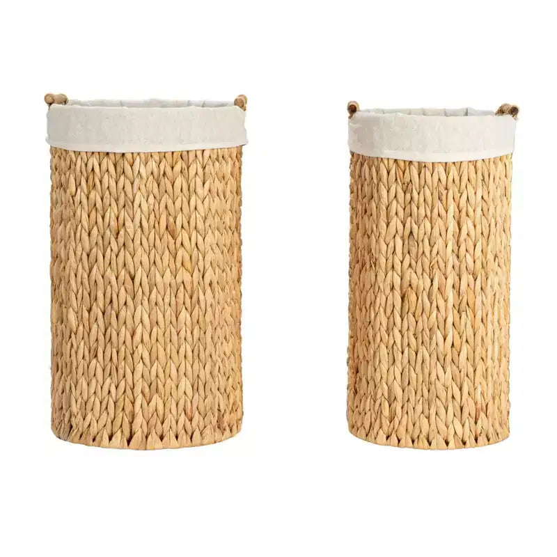 Handwoven Water Hyacinth Oval Hamper Set with Cotton Lining, Natural, Set of 2