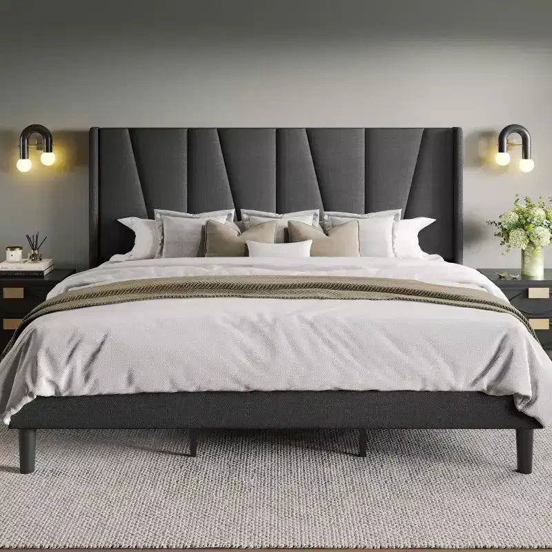 Allewie Platform Bed Frame with Geometric Wingback Headboard, Modern Upholstered Bed with Wooden Slats Support, No Box Spring Needed, Easy Assembly