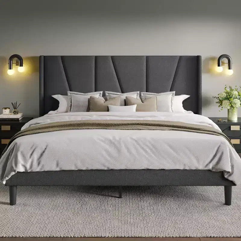 Allewie Platform Bed Frame with Geometric Wingback Headboard, Modern Upholstered Bed with Wooden Slats Support, No Box Spring Needed, Easy Assembly